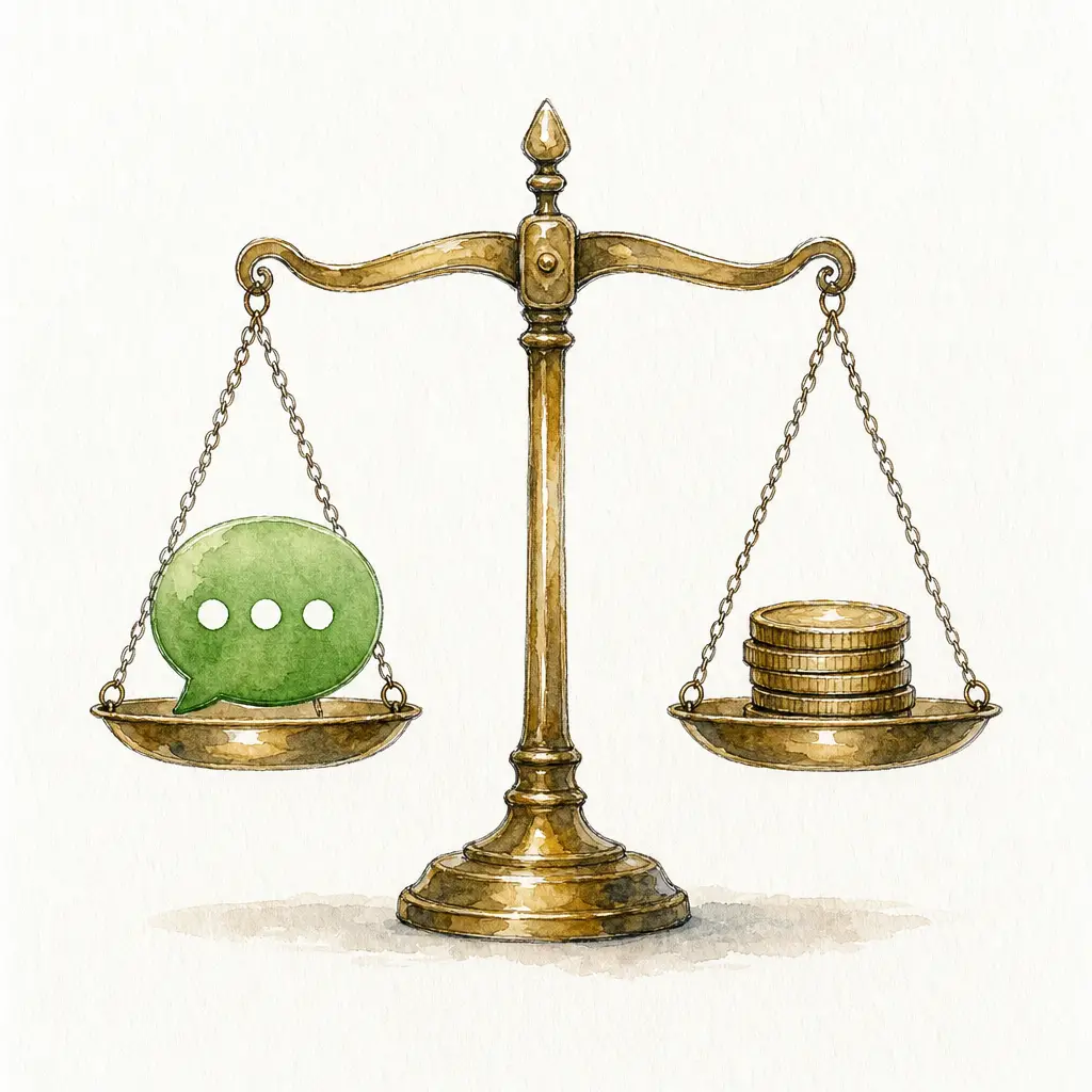 Watercolour illustration of a small brass balance scale with a green chat bubble on one pan and a stack of coins on the other, nearly level