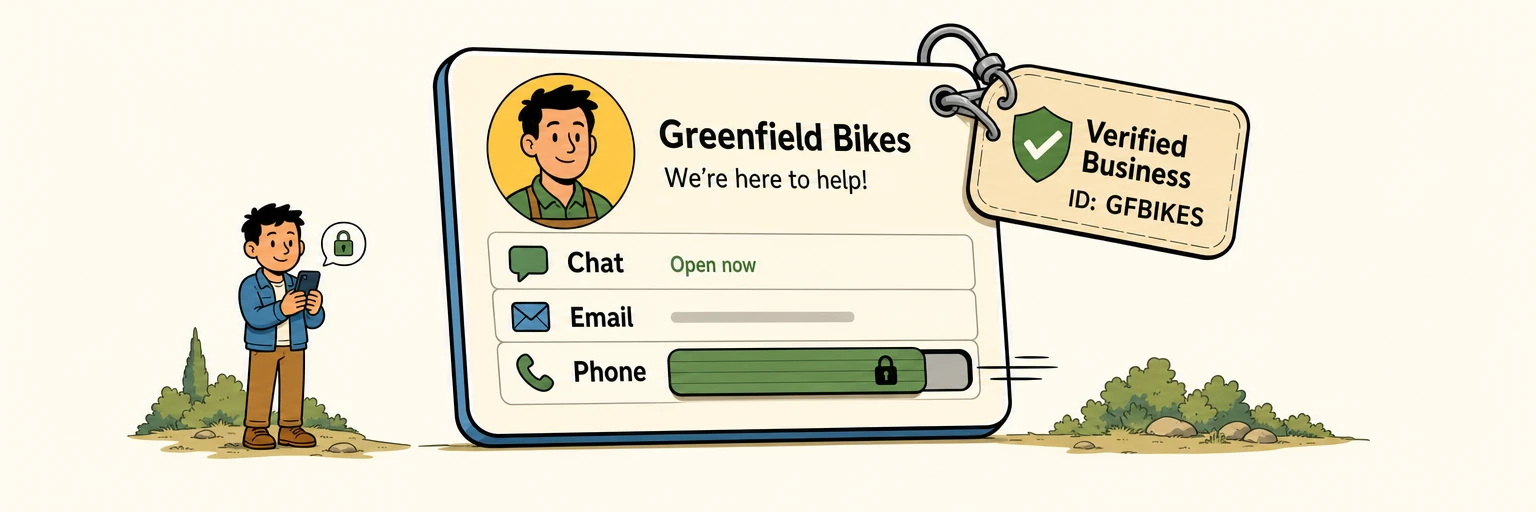 Comic illustration of a contact card with the phone number sliding behind a privacy shutter while a durable ID tag clips onto the card