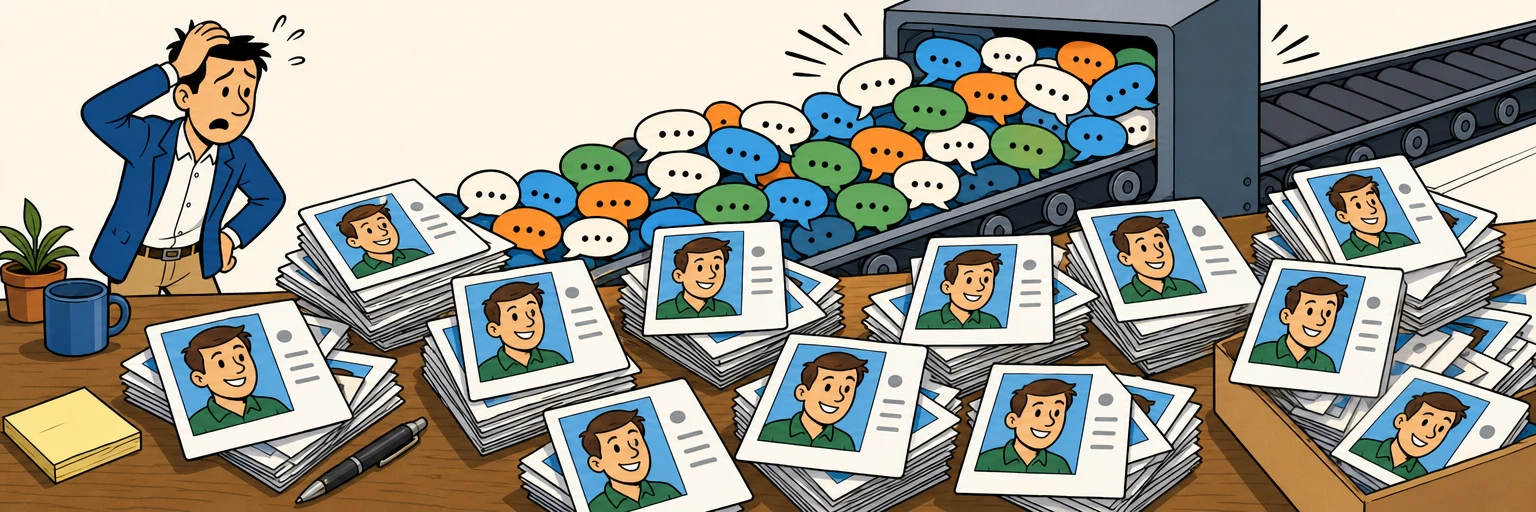 Comic illustration of duplicated contact cards piling up on a desk while a conveyor belt of chat messages jams behind them