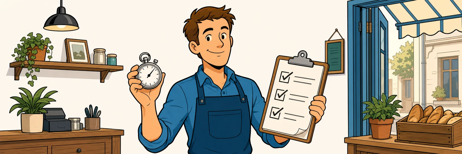 Comic illustration of a business owner holding a stopwatch in one hand and a clipboard checklist with ticked boxes in the other