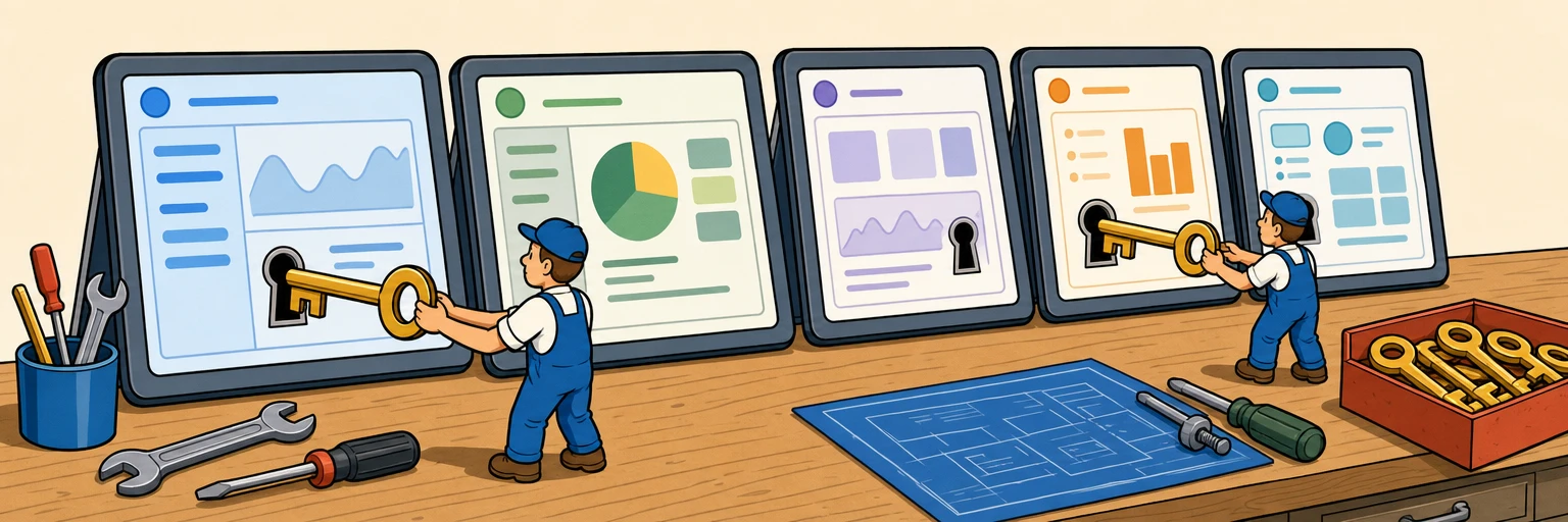 Comic illustration of a row of generic software dashboards on a workbench, each being fitted with the same key