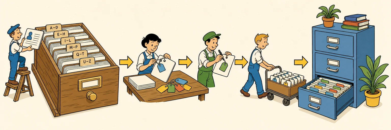 Comic illustration of workers re-tagging a card index of contacts flowing neatly into an organised filing cabinet