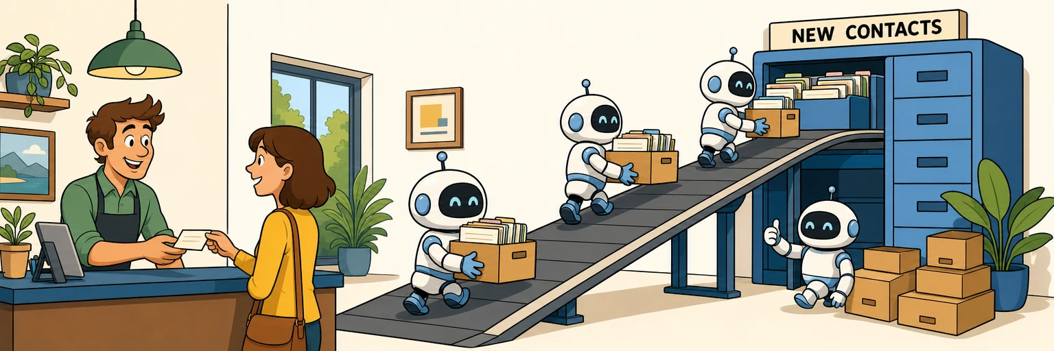 Comic illustration of friendly robots carrying boxes of contact cards into a tidy filing system while a business owner serves a customer