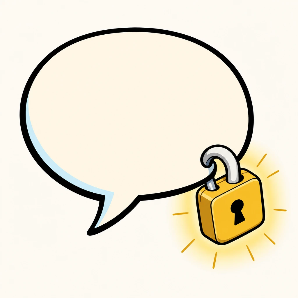 Comic illustration of a chat speech bubble with a padlock clipped onto it