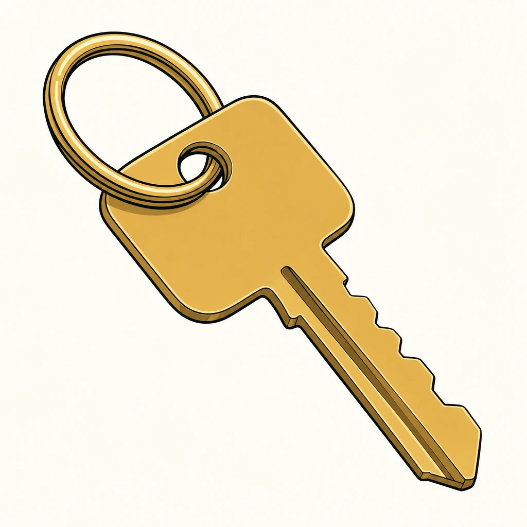 Comic illustration of a brass key whose bow is shaped like a contact card