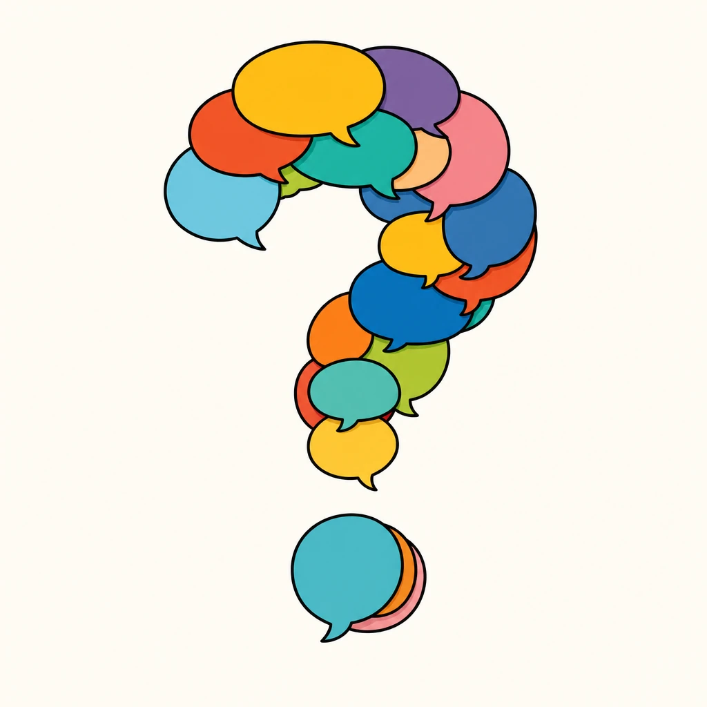 Comic illustration of a question mark built from stacked chat speech bubbles