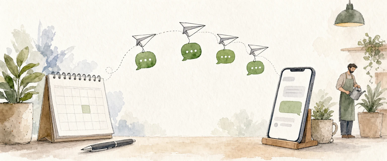 Watercolour illustration of paper planes towing chat bubbles from a desk calendar toward a phone while a shop owner waters a plant