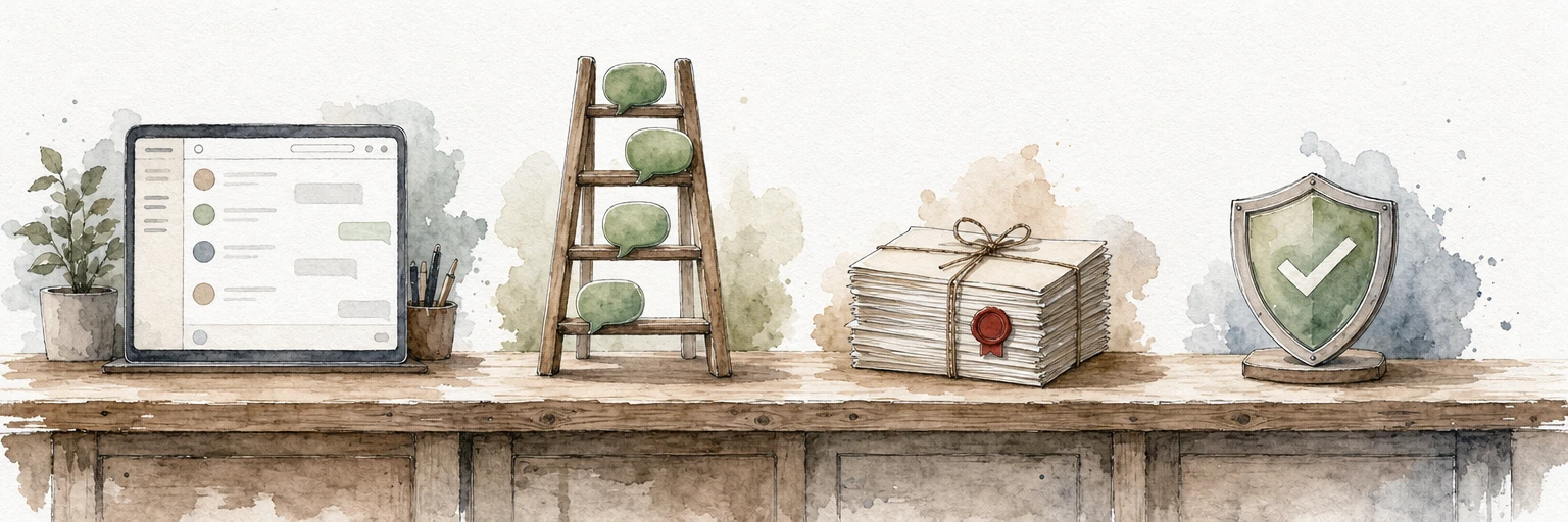 Watercolour illustration of a workbench holding an inbox screen, a ladder of chat bubbles, a stack of stamped letters and a shield