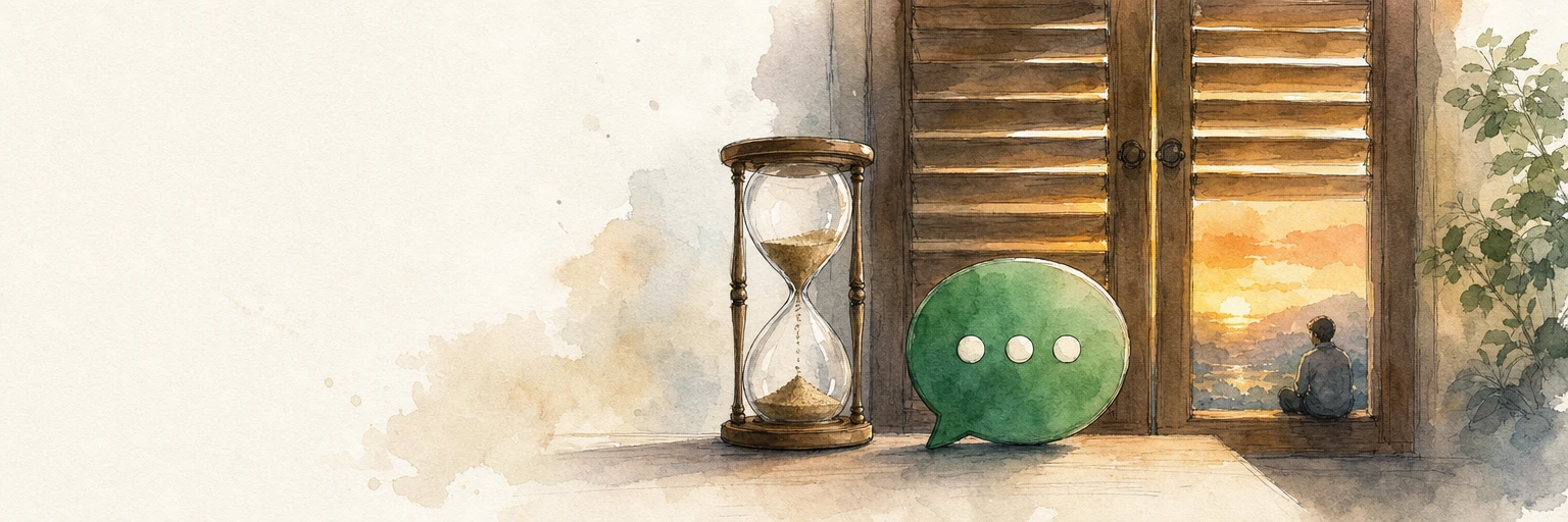 Watercolour illustration of an hourglass beside a chat bubble as a wooden shutter closes on evening light