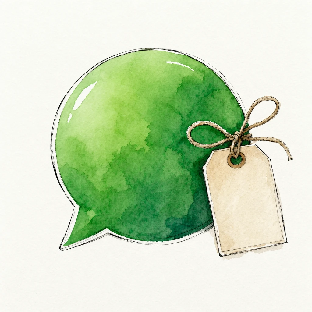 Watercolour illustration of a chat bubble with a parcel tag tied to it