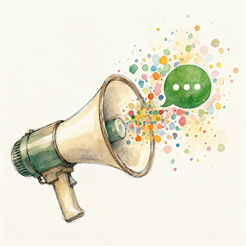 Watercolour illustration of a megaphone with confetti and a chat bubble emerging from it