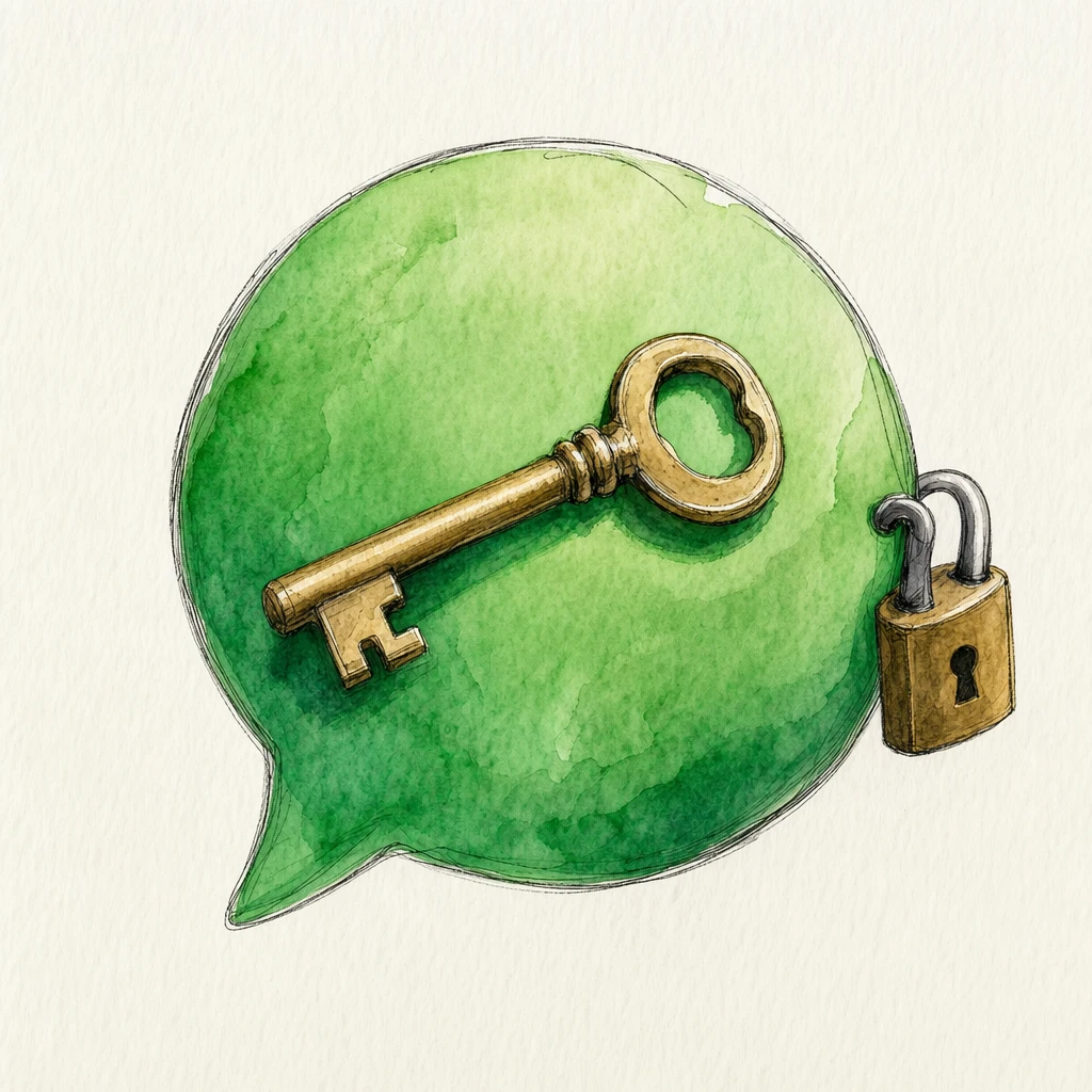 Watercolour illustration of a chat bubble with a brass key resting across it and a small padlock