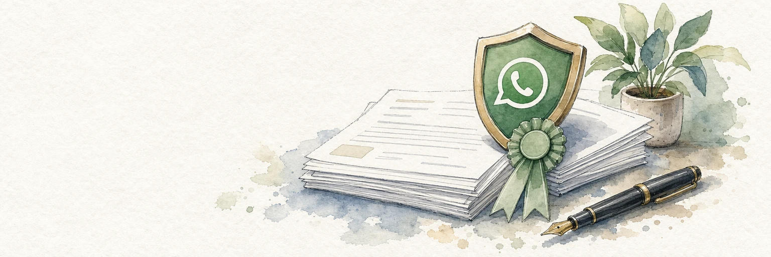 Watercolour illustration of a shield emblem with a ribbon rosette resting on business papers