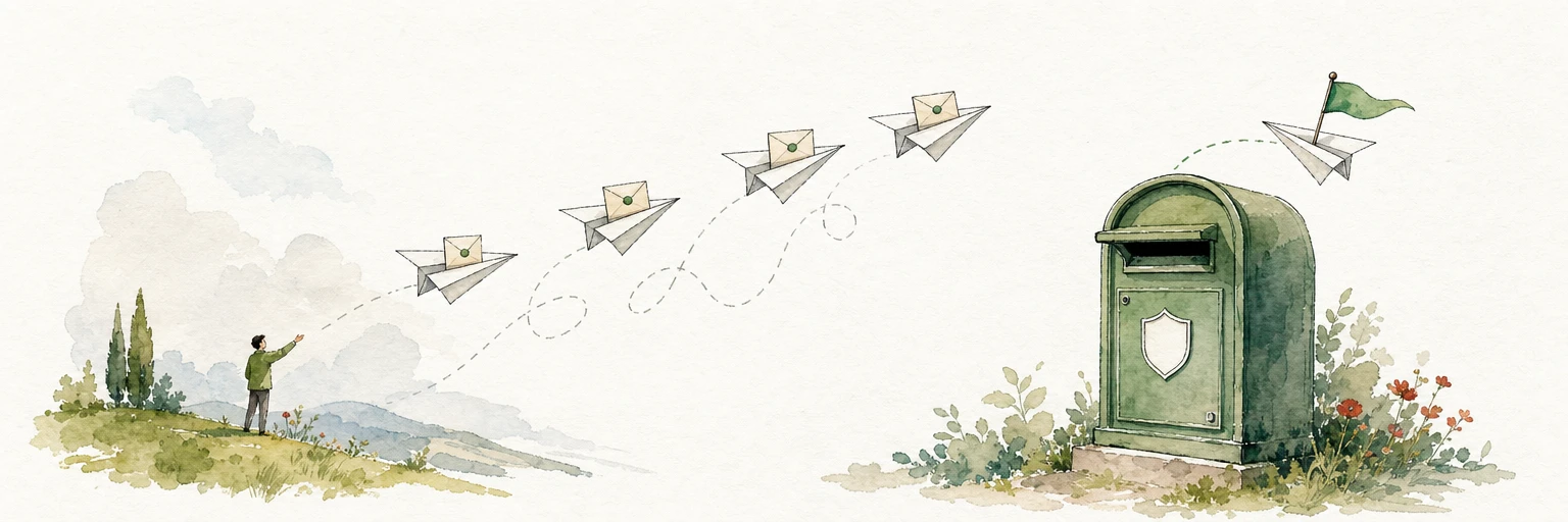 Watercolour illustration of paper planes carrying letters to a letterbox with a shield emblem while one returns flying a green pennant