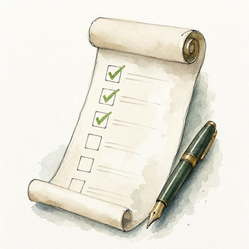 Watercolour illustration of an unrolled scroll with ticked checkboxes and a fountain pen