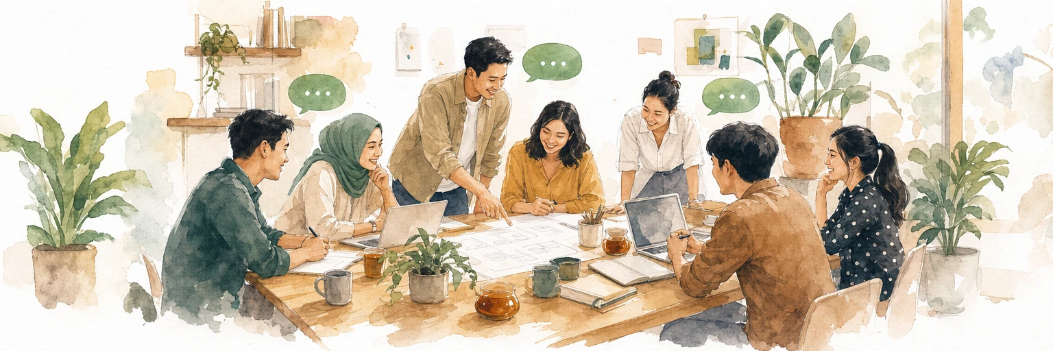 Watercolour illustration of a Southeast Asian team collaborating around a long table with chat bubbles floating above