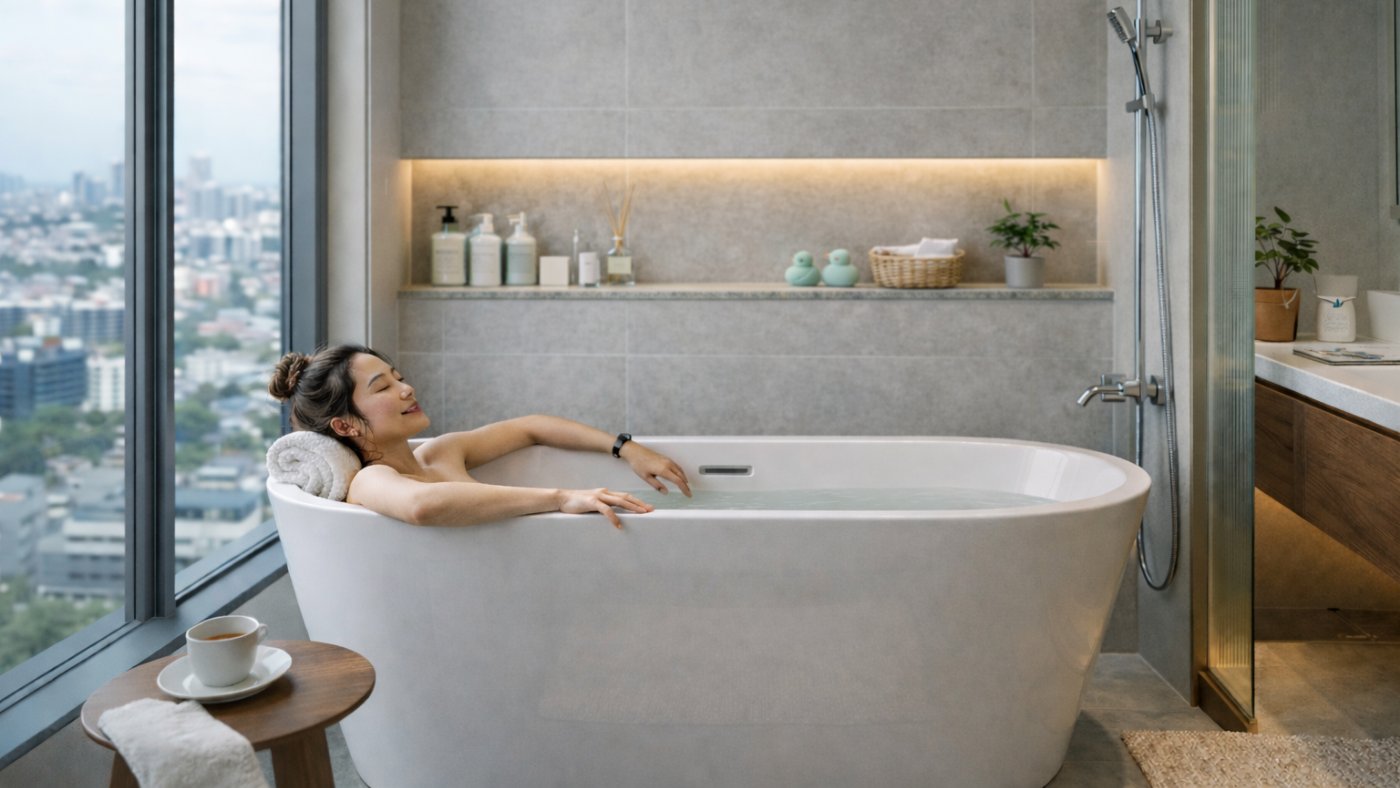HERA bathtub with a city skyline view