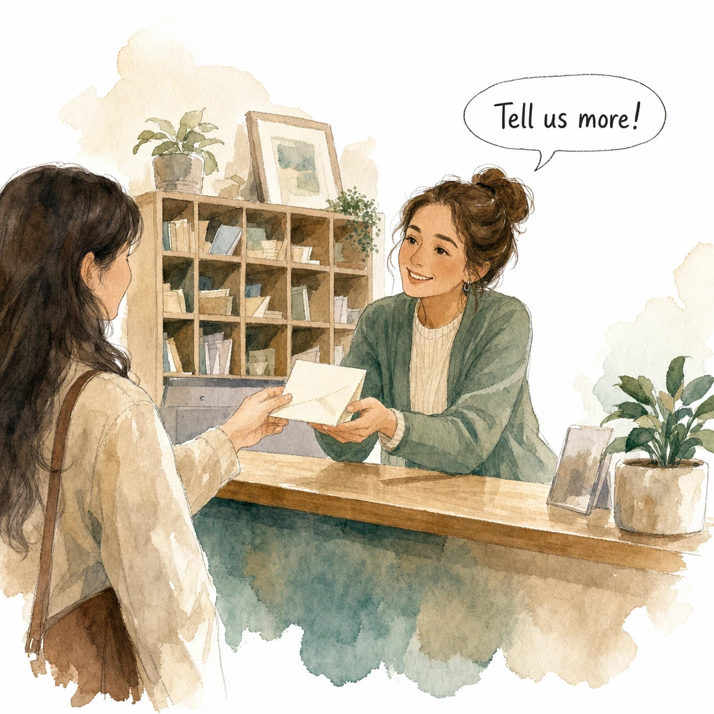 Watercolour illustration of a visitor handing a folded note across a reception desk to a helper who receives it with both hands
