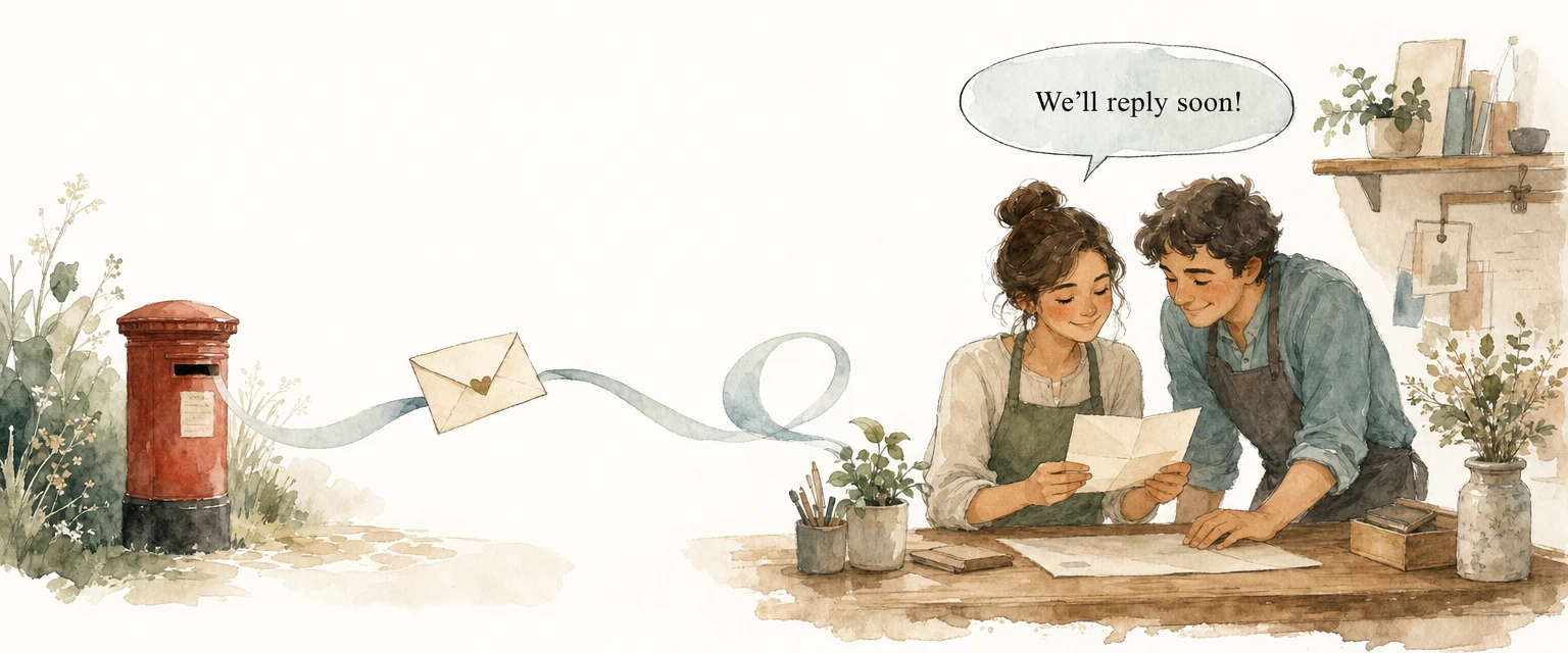 Watercolour illustration of a note travelling from a postbox to a workshop desk where two helpers read it together