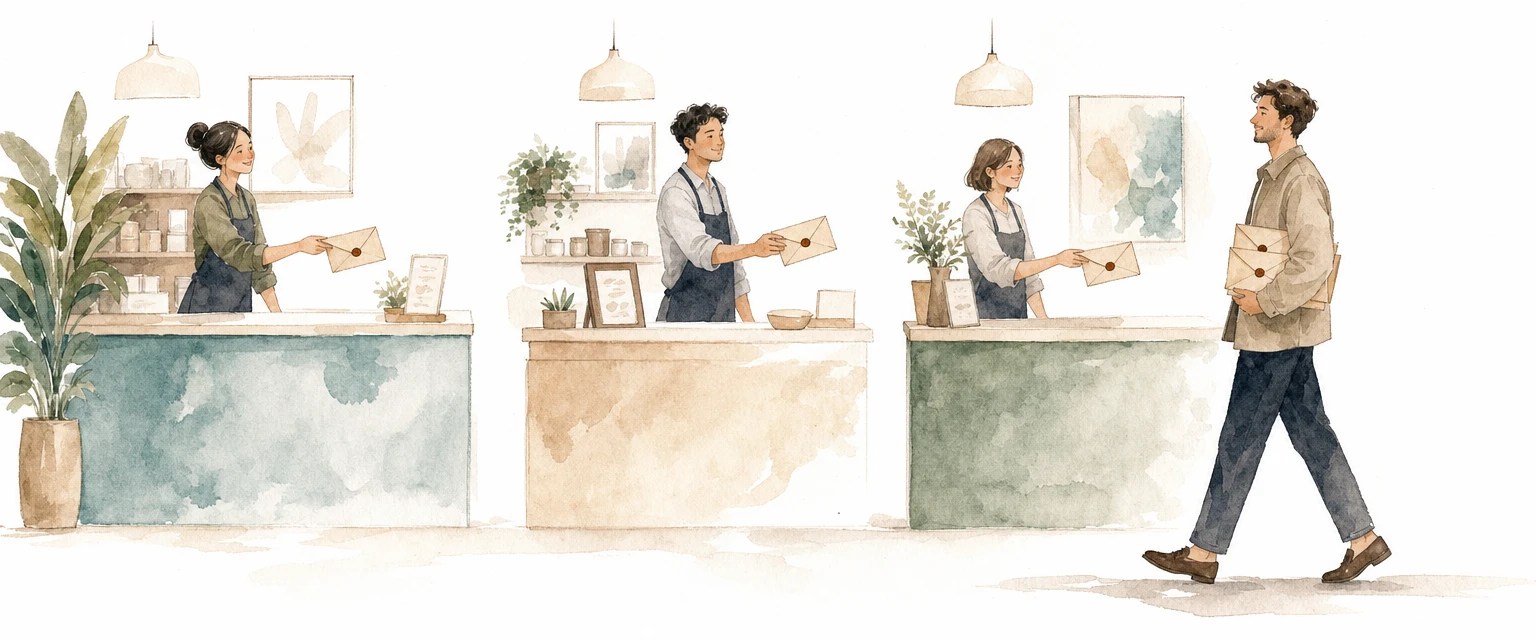 Watercolour illustration of three separate counters each handing one sealed envelope to the same shop owner