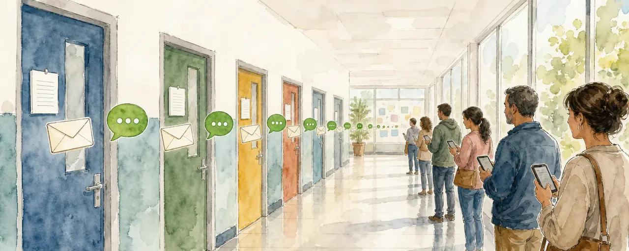 Watercolour illustration of a school corridor where envelopes and chat bubbles float from classroom doors towards a row of parents holding phones