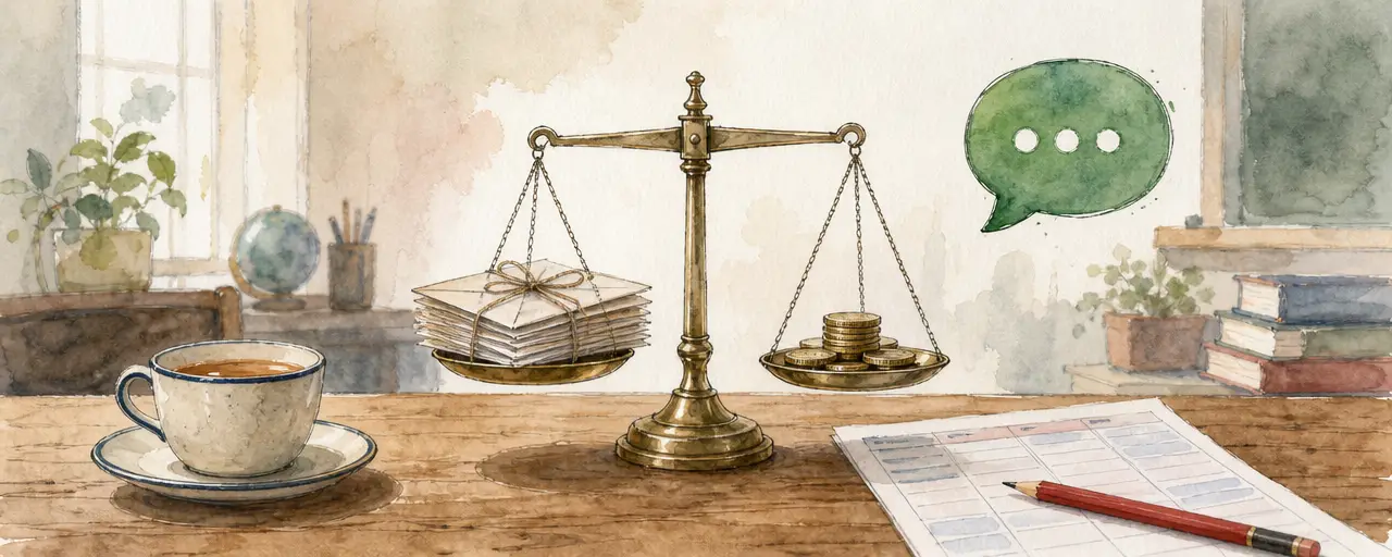 Watercolour illustration of a brass balance scale on a teacher's desk weighing a bundle of envelopes against a stack of coins