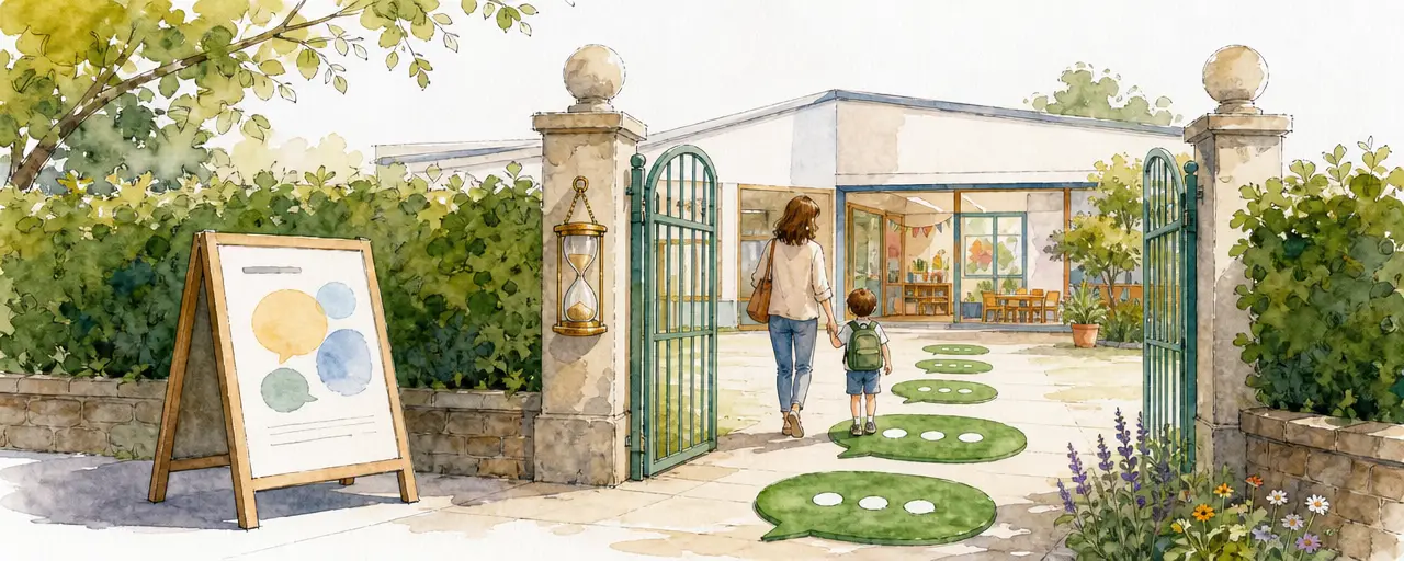 Watercolour illustration of an open school gate with a poster board outside, a parent and child walking in along chat-bubble stepping stones, an hourglass on the gatepost