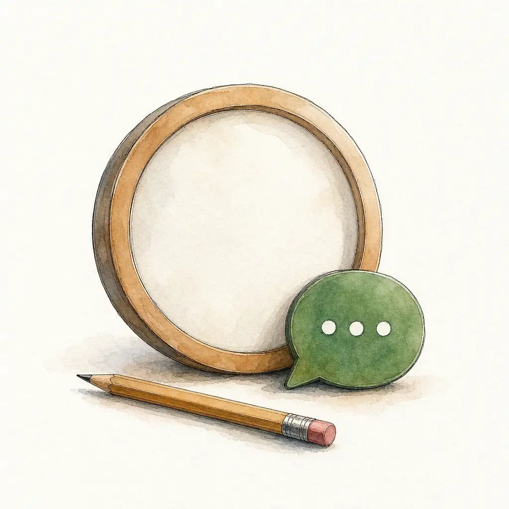 Watercolour illustration of a blank-faced wall clock with a green chat bubble leaning on it