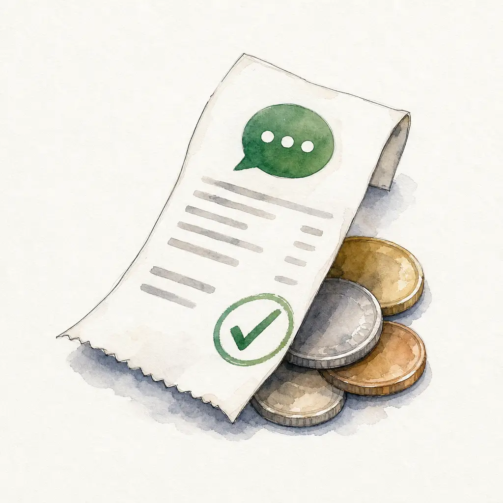 Watercolour illustration of a receipt with a green tick resting on coins