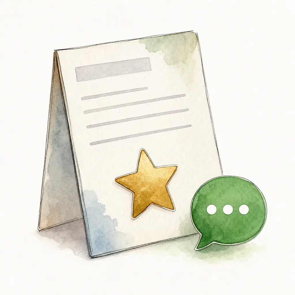 Watercolour illustration of a folded report card with a gold star and a green chat bubble