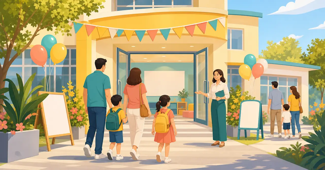 Illustration of a school entrance with balloons and bunting as families arrive
