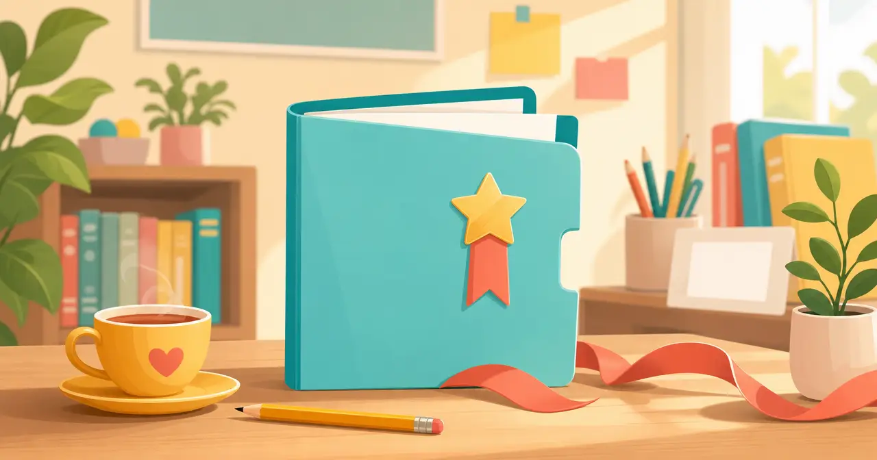 Illustration of a report card folder with a gold star sticker beside a cup of tea