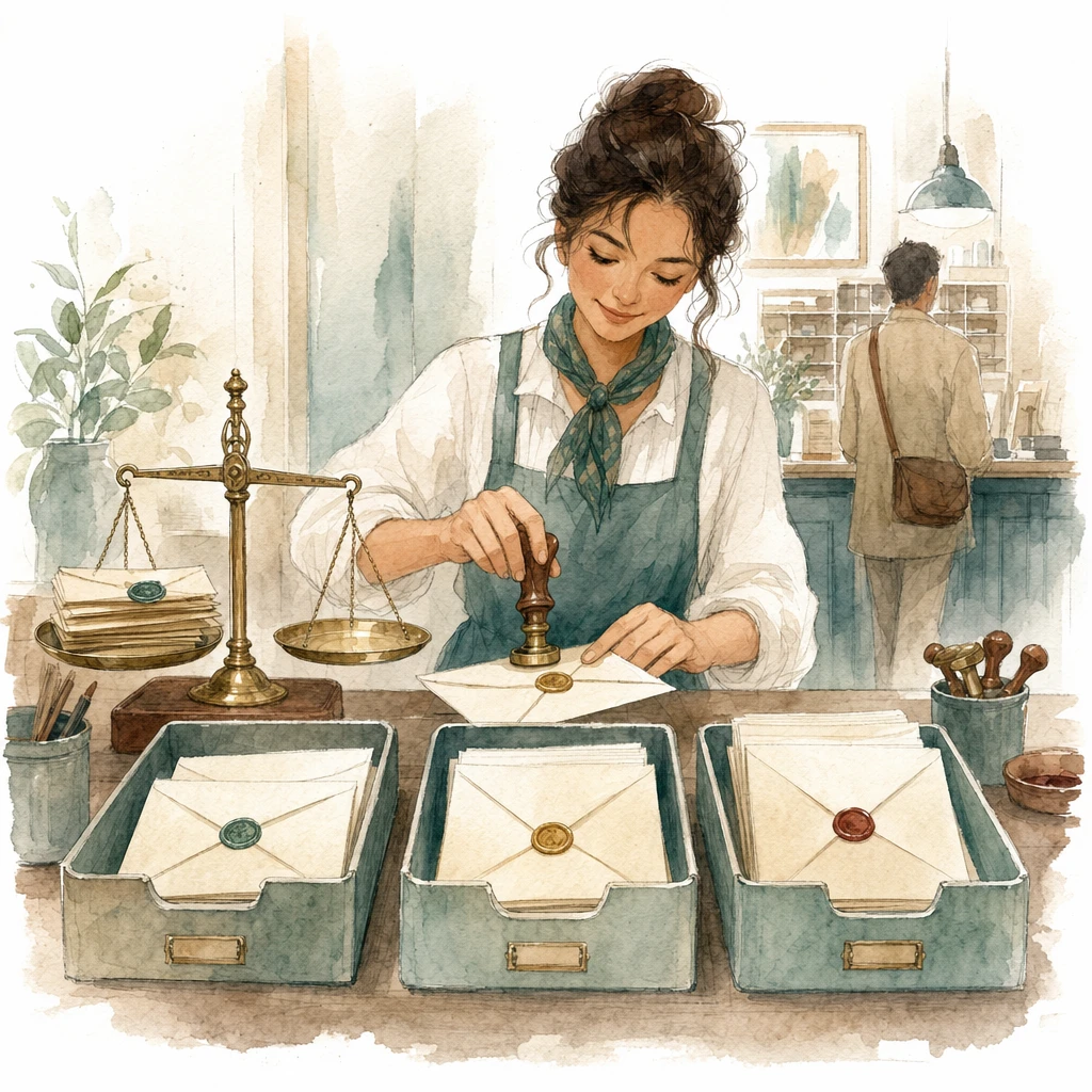 Watercolour illustration of a postal counter where envelopes are weighed on a brass scale and stamped into three trays