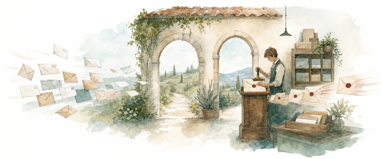 Watercolour illustration of outgoing envelopes passing a stamping post while incoming letters flow free through an open arch