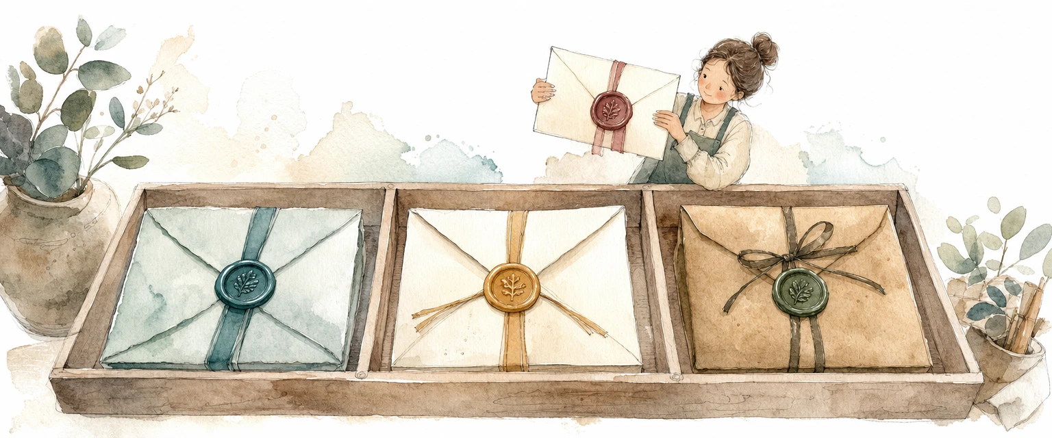 Watercolour illustration of three distinct envelope types on a sorting tray, each with its own coloured wax seal
