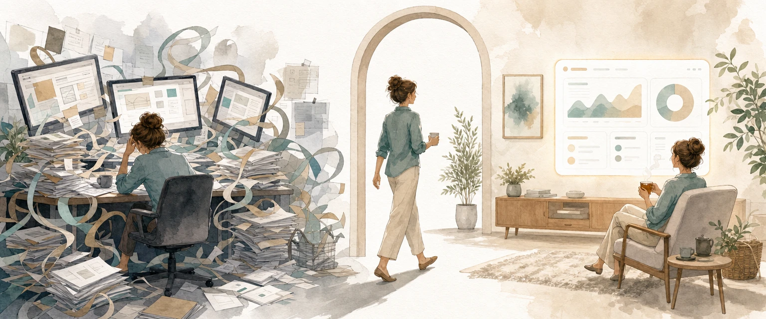 Watercolour illustration of a business owner walking from a chaotic desk of tangled data into a calm room with one clear dashboard