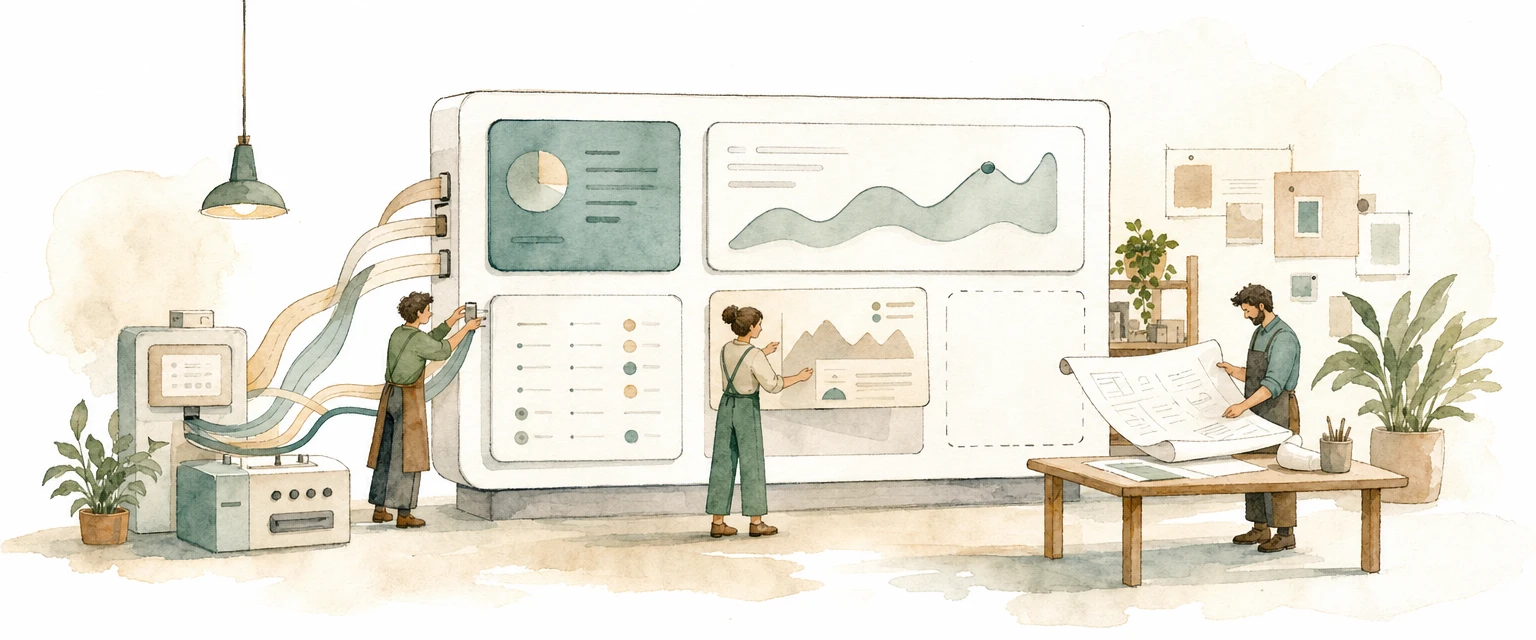 Watercolour illustration of craftspeople assembling a dashboard panel from ribbon cables and chart cards