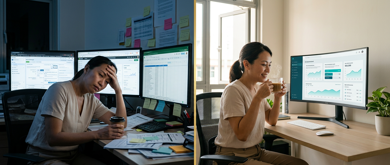 Before and after: a founder drowning in spreadsheets, then the same founder calmly reviewing one unified AI dashboard