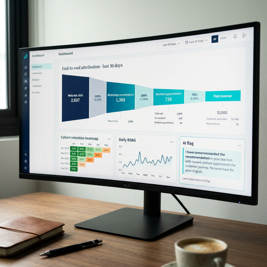 Close-up of an AI Dashboards end-to-end attribution funnel from ad click to paid revenue, with cohort heatmap and AI flag panel