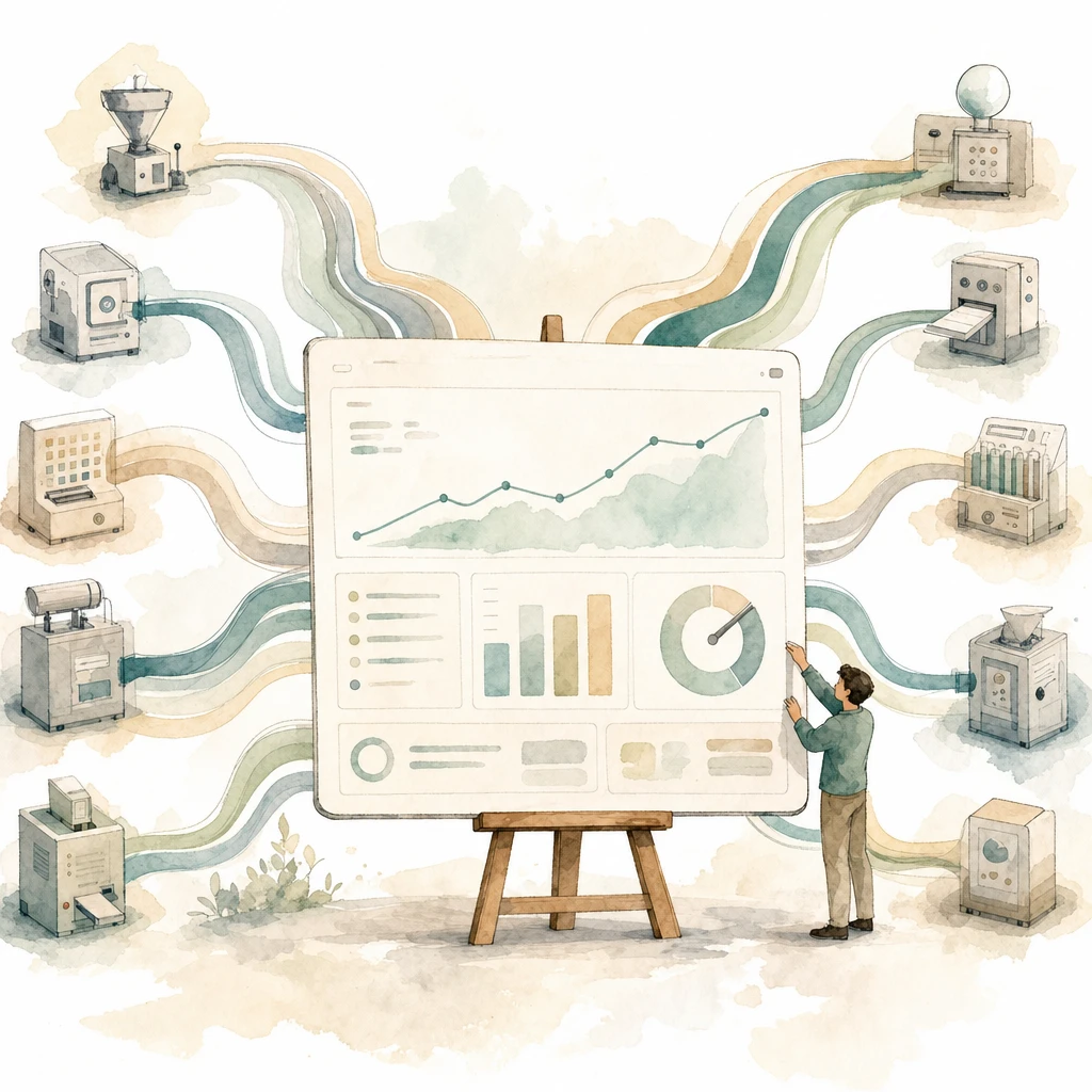 Watercolour illustration of many data streams flowing into one friendly dashboard panel on an easel