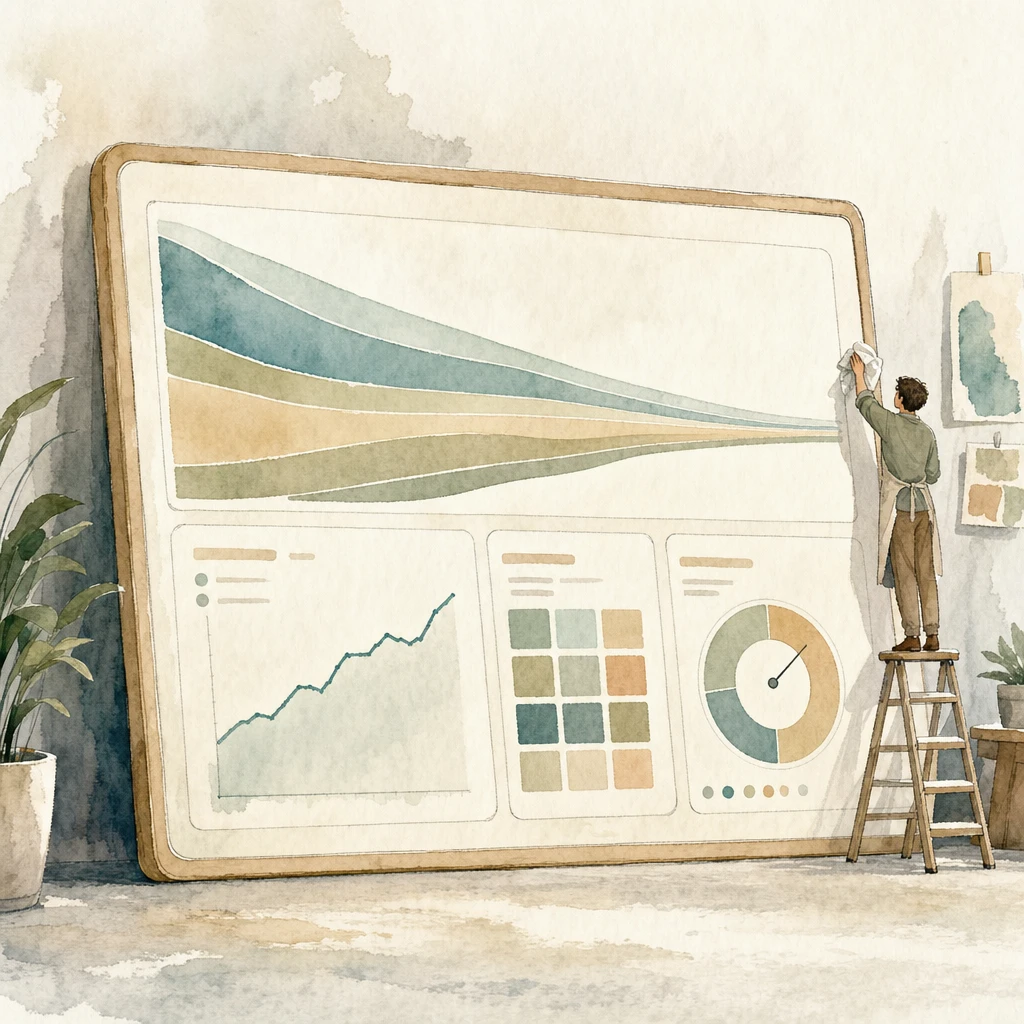 Watercolour illustration of a friendly dashboard panel with a soft abstract funnel, rising line chart, tinted grid and dial