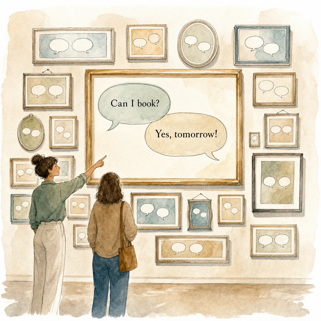 Watercolour illustration of a gallery wall of framed conversations, a helper showing a visitor one framed exchange