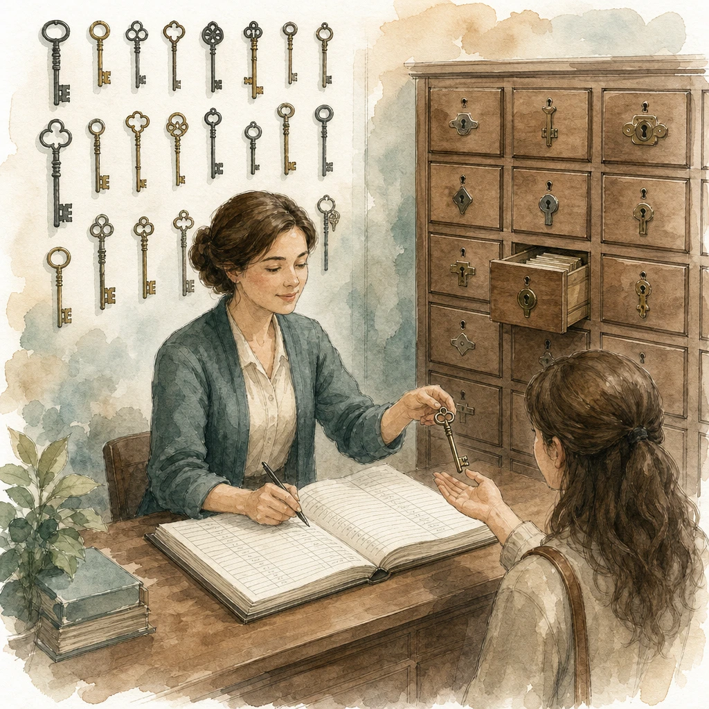 A keeper hands over a drawer-specific key and records the loan in a ledger, illustrating access and permissions controls