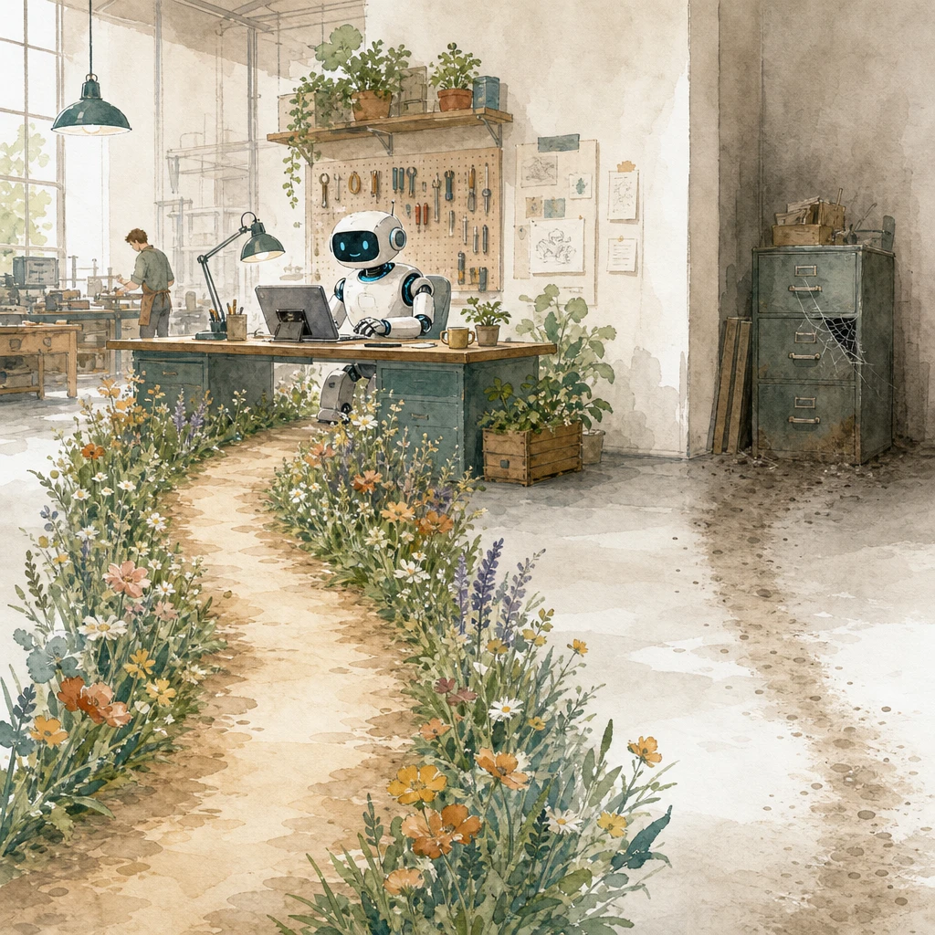 A well-worn flowered path leads to a busy robot desk while a dusty path leads to a cobwebbed cabinet, illustrating AI adoption and buy-in