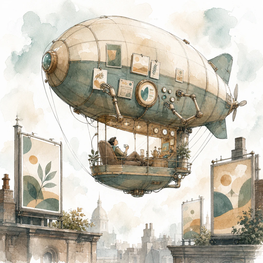 An autopilot airship adjusts its own dials and creative cards while the pilot relaxes, illustrating Meta Advantage+ campaigns