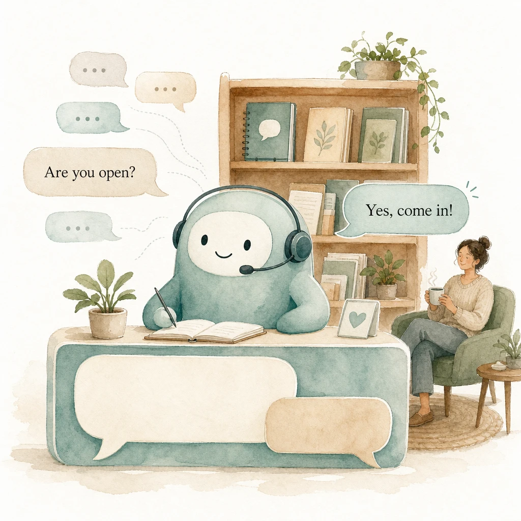 A friendly AI agent answers a stream of customer chat bubbles at a front desk, drawing on a bookshelf of the business's own guides, while a human teammate relaxes nearby with a coffee