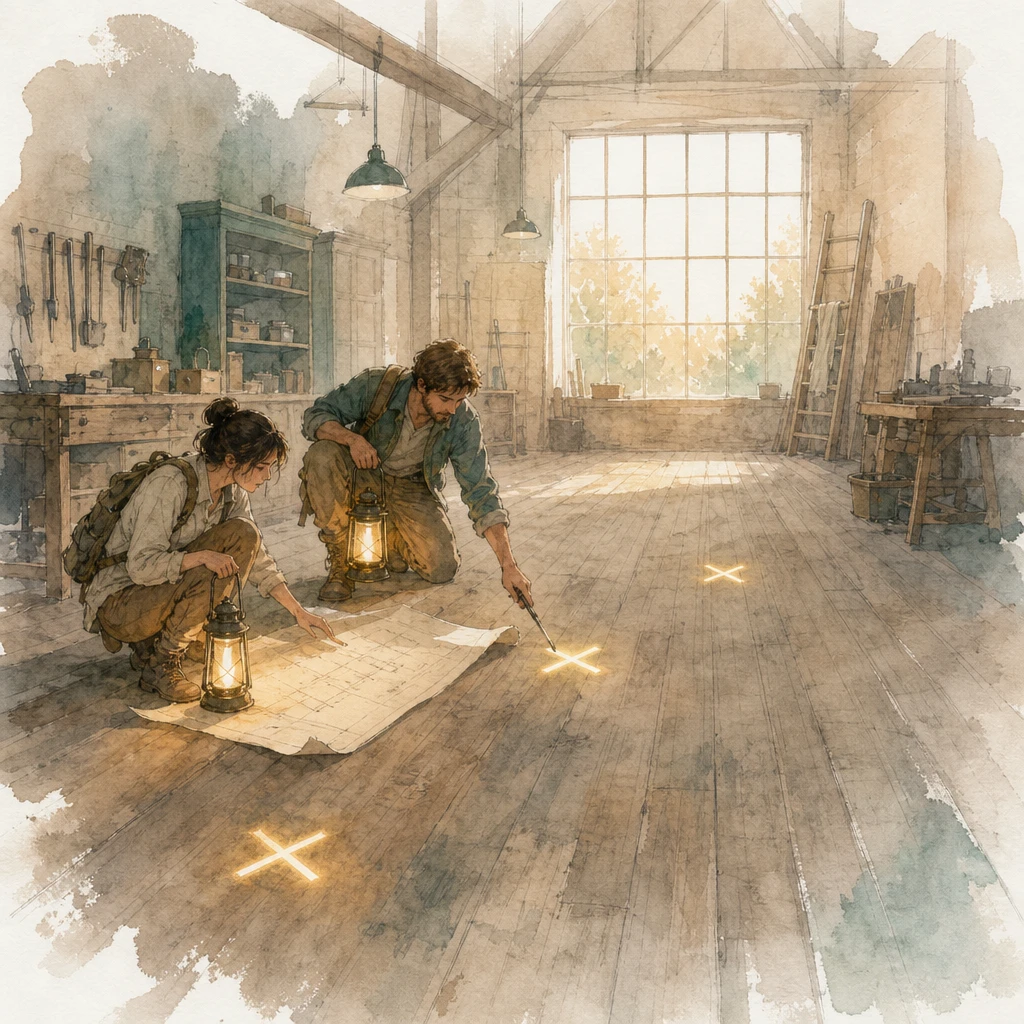 Explorers with lanterns mark glowing spots on a workshop floor over an unrolled plan, illustrating AI opportunity discovery