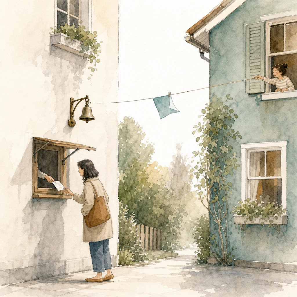 One house answers requests through a service hatch while another pushes messages across a bell wire, illustrating APIs and webhooks