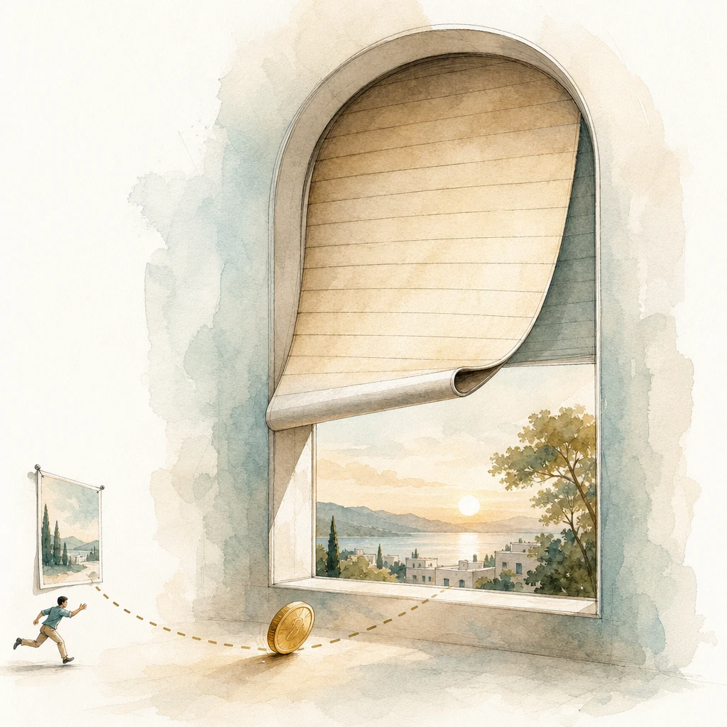 A coin rolls along a dotted path back toward a poster as an arched window shutter slowly closes, illustrating an attribution window
