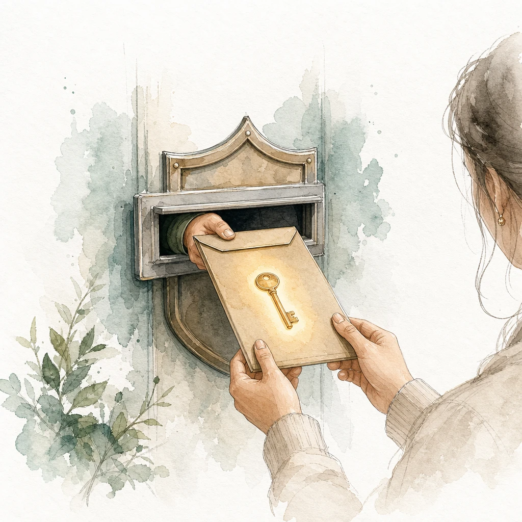 An armoured envelope containing a glowing key passes through a shielded letterbox, illustrating a WhatsApp authentication template